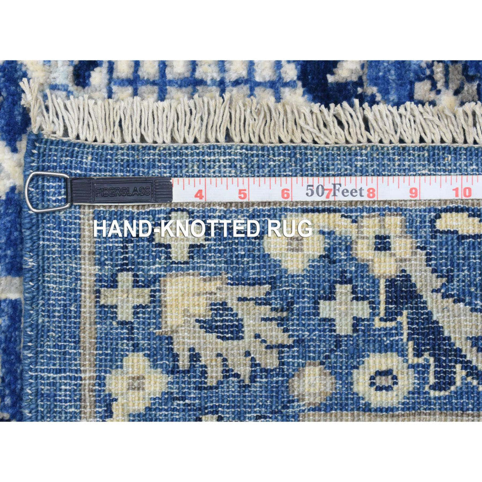 Cobalt Blue, Fine Peshawar Soft Wool Hand Knotted Wide Runner Rug, 4'3"x11'9"
