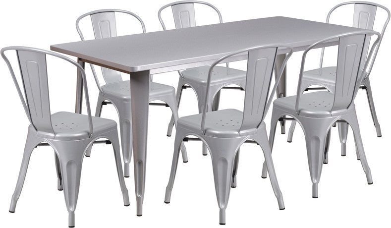 31.5"x63" Rectangular Silver Metal 6-Piece Table Set Stack Chairs