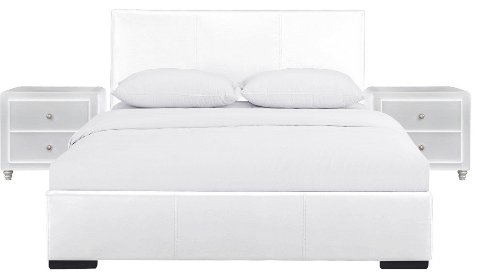 White Upholstered Platform King Bed With Two Nightstands