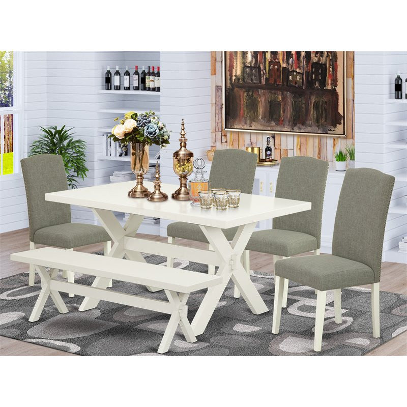 6-Piece Set, Dark Shitake Chairs, Bench and Table, Linen White