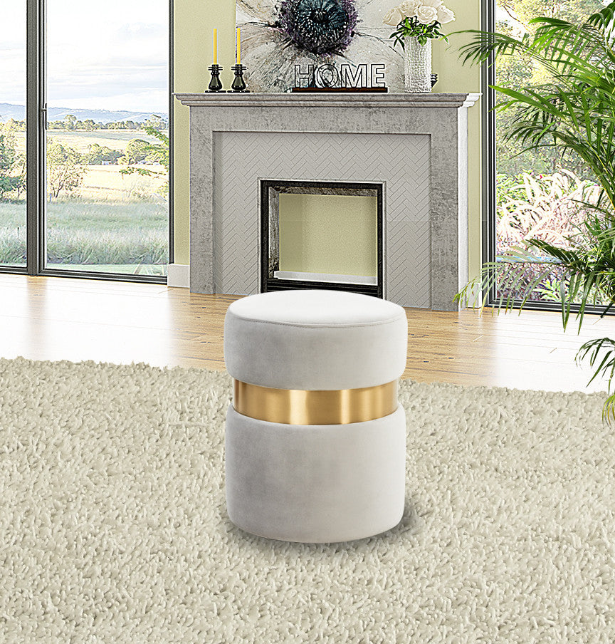 LeisureMod Troy Modern Round Velvet Ottoman Footrest Gold Band, Light Grey
