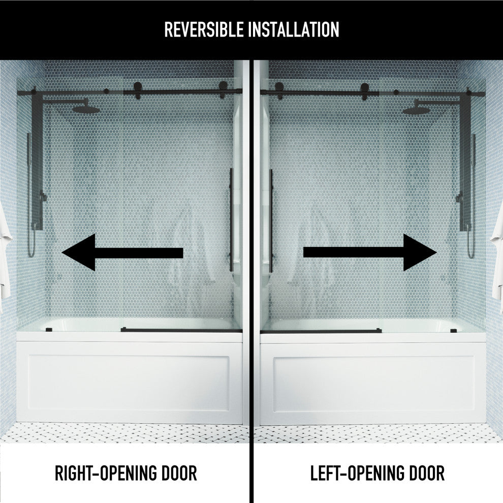 VIGO Elan E-Class 56" to 60" W x 66" H Frameless Sliding Tub Door, Matte Black, Clear Glass