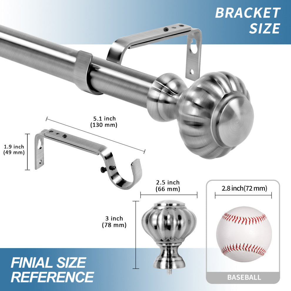 1" Doorknob Drapery Curtain Rod, Brushed Steel, 28"-48"