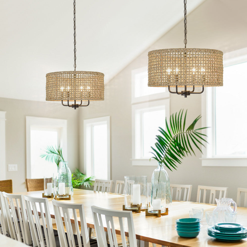 20" 4-Light Bohemian Coastal Drum Chandelier with Seagrass Hand Woven Shade