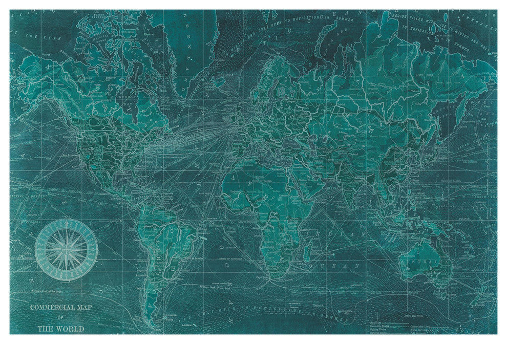 "Azure World" World Map Wall Art on Frameless Tempered Glass 48" x 32"