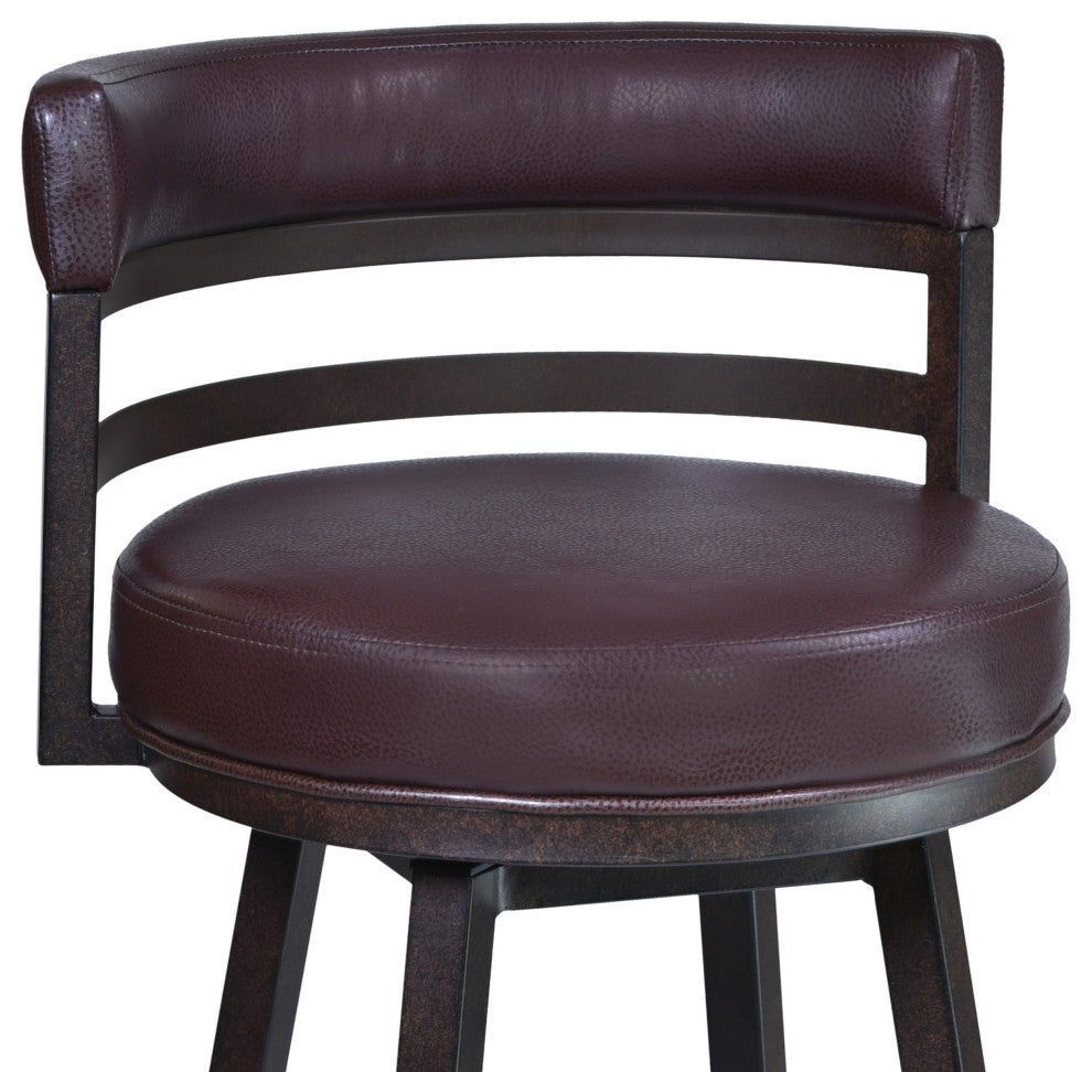 Benzara BM282082 26" Swivel Counter Stool, Vegan Leather, Curved Back, Brown
