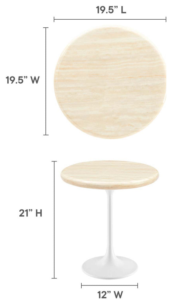Lippa 20" Round Artificial Travertine Side Table, White Travertine