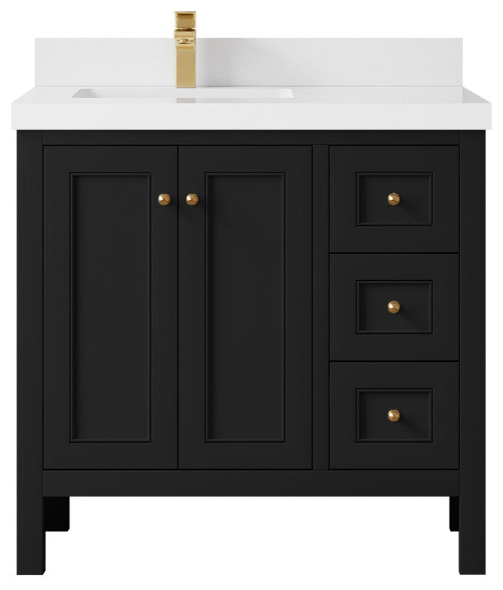 Nashville 36" Left Offset Bath Vanity, Black 2" White Quartz