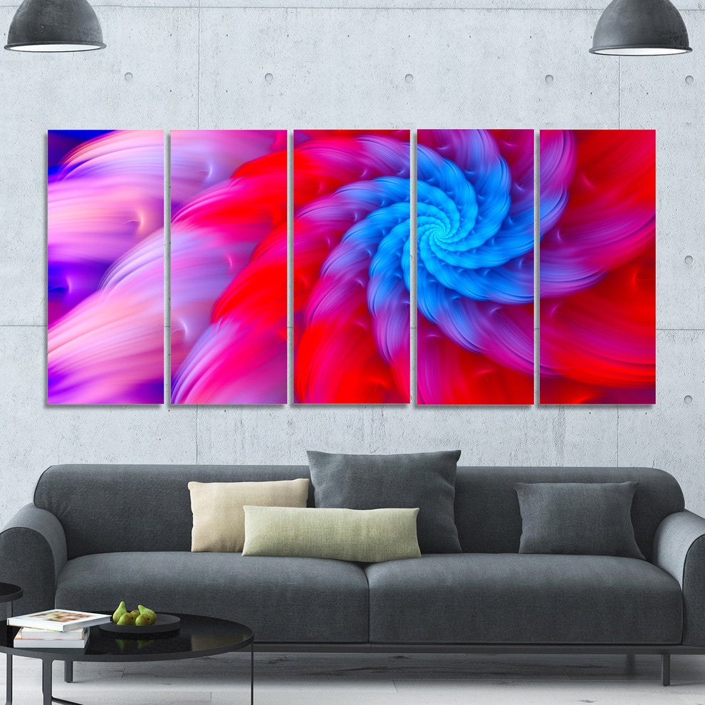 Rotating Red Pink Fractal Flower, Floral Canvas Art Print, 60"x28", 5 Panels