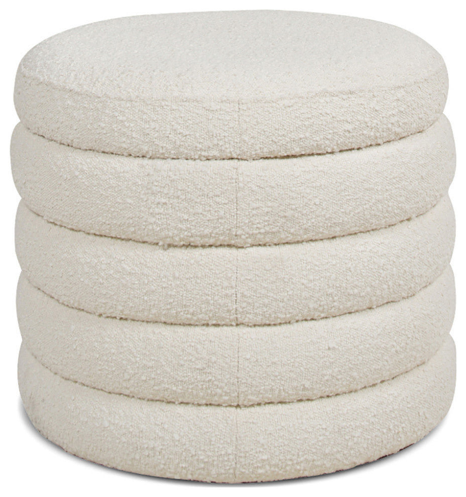 Fuji 19" Oversized Horizontal Tufted Round Storage Ottoman, Ivory White Boucle