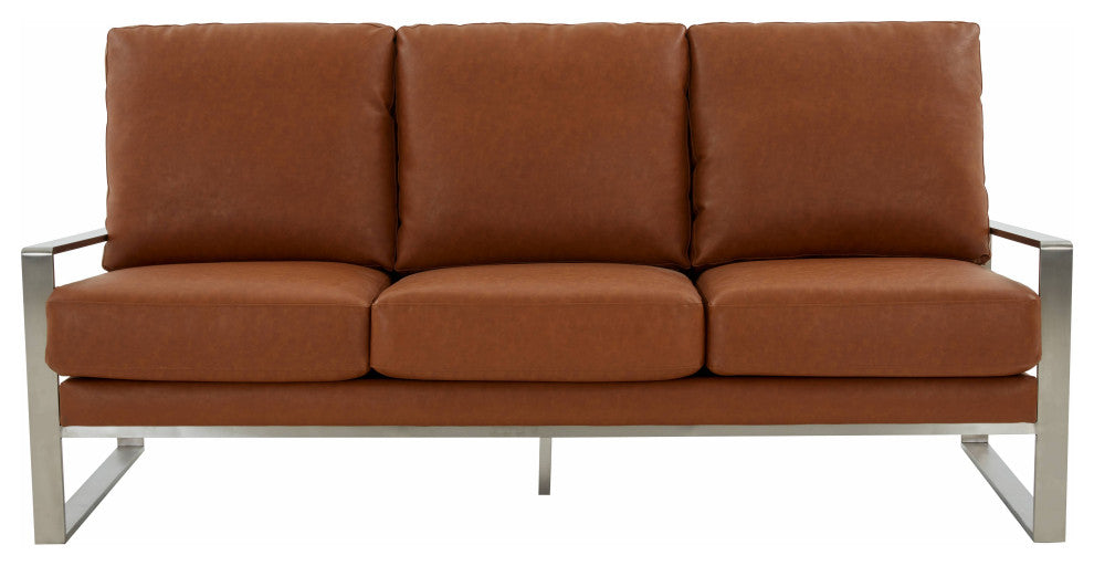 LeisureMod Jefferson Modern Faux Leather Sofa With Silver Frame, Cognac Tan