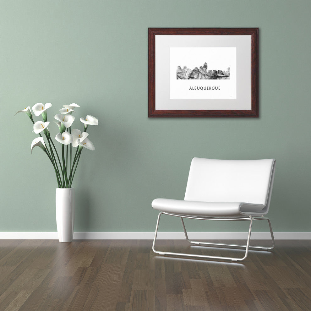 ''Albuquerque Nm Skyline Wb-Bw'' Matted Framed Art, Wood Frame, White Matte, 14x11