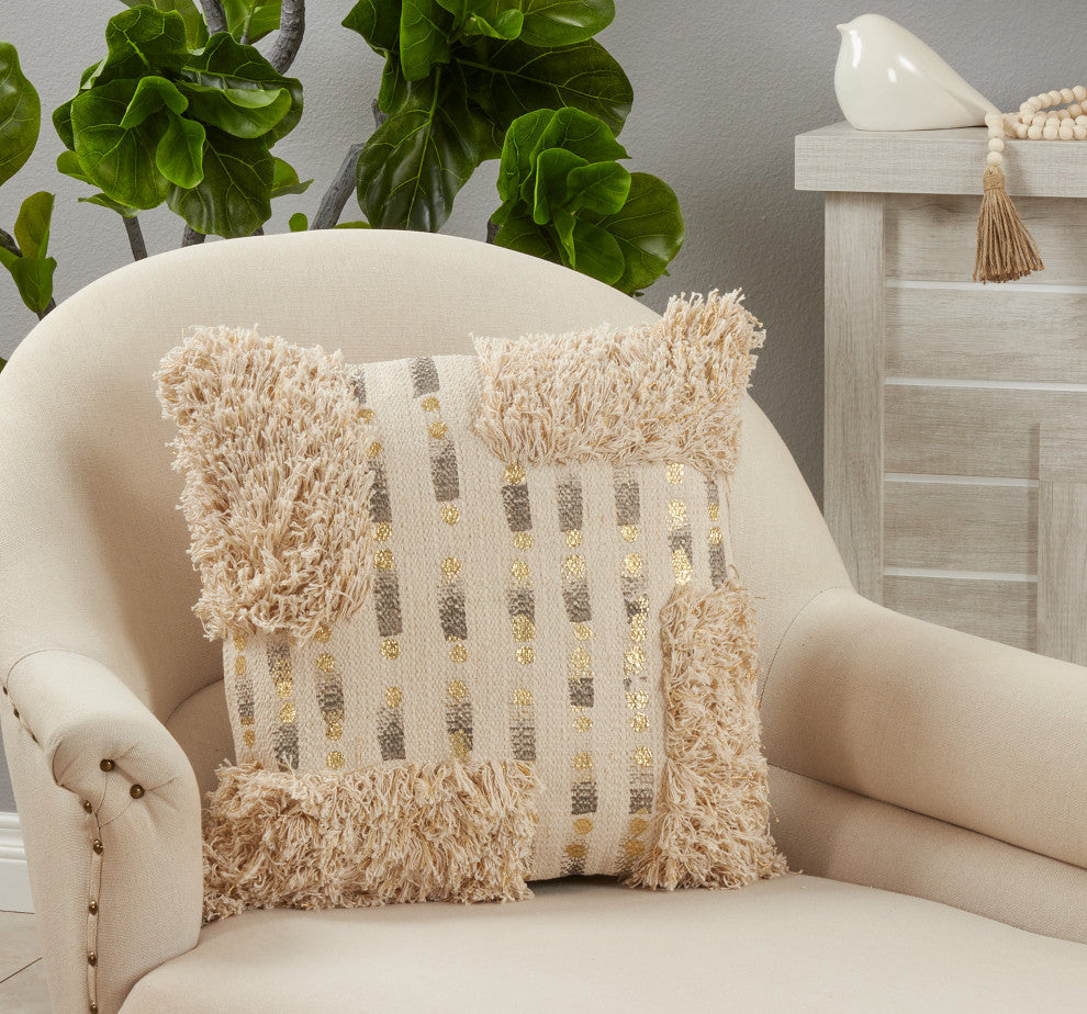 Tufted Pillow Cover With Foil Print Design, 18"x18", Natural