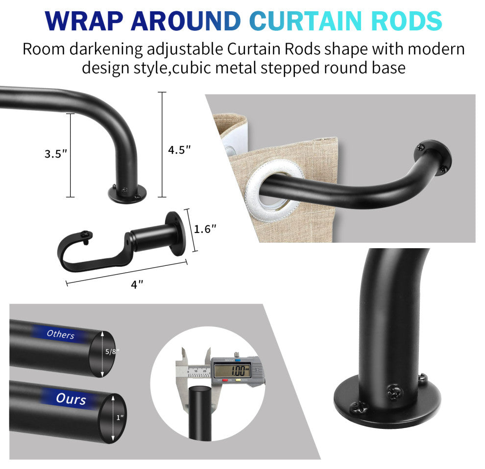 Energy Saving Wrap Around Black Out Return Adjustable Window Curtain Metal Rod, Black, 32-52"