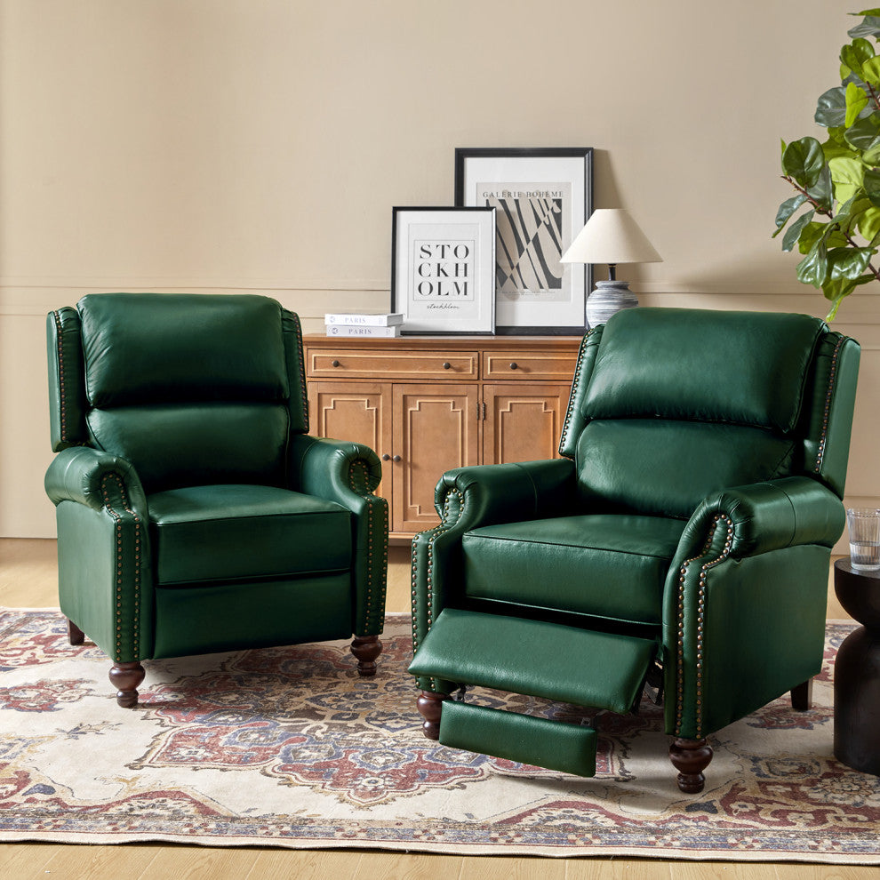 Genuine Leather Cigar Recliner, Home Theater Seating, Set of 2, Green