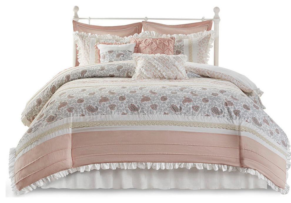 Madison Park Dawn 9 Piece Cotton Percale Comforter Set, Blush