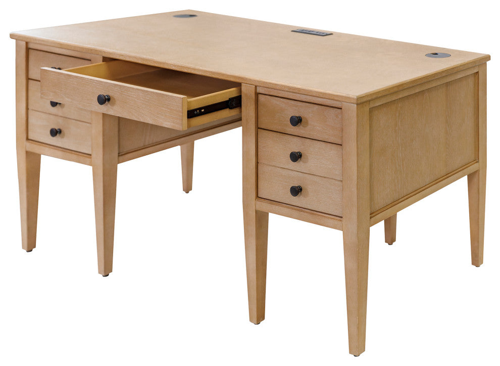 Modern Wood Half Pedestal Desk, Wood Office Desk, Fully Assembled, Light Brown