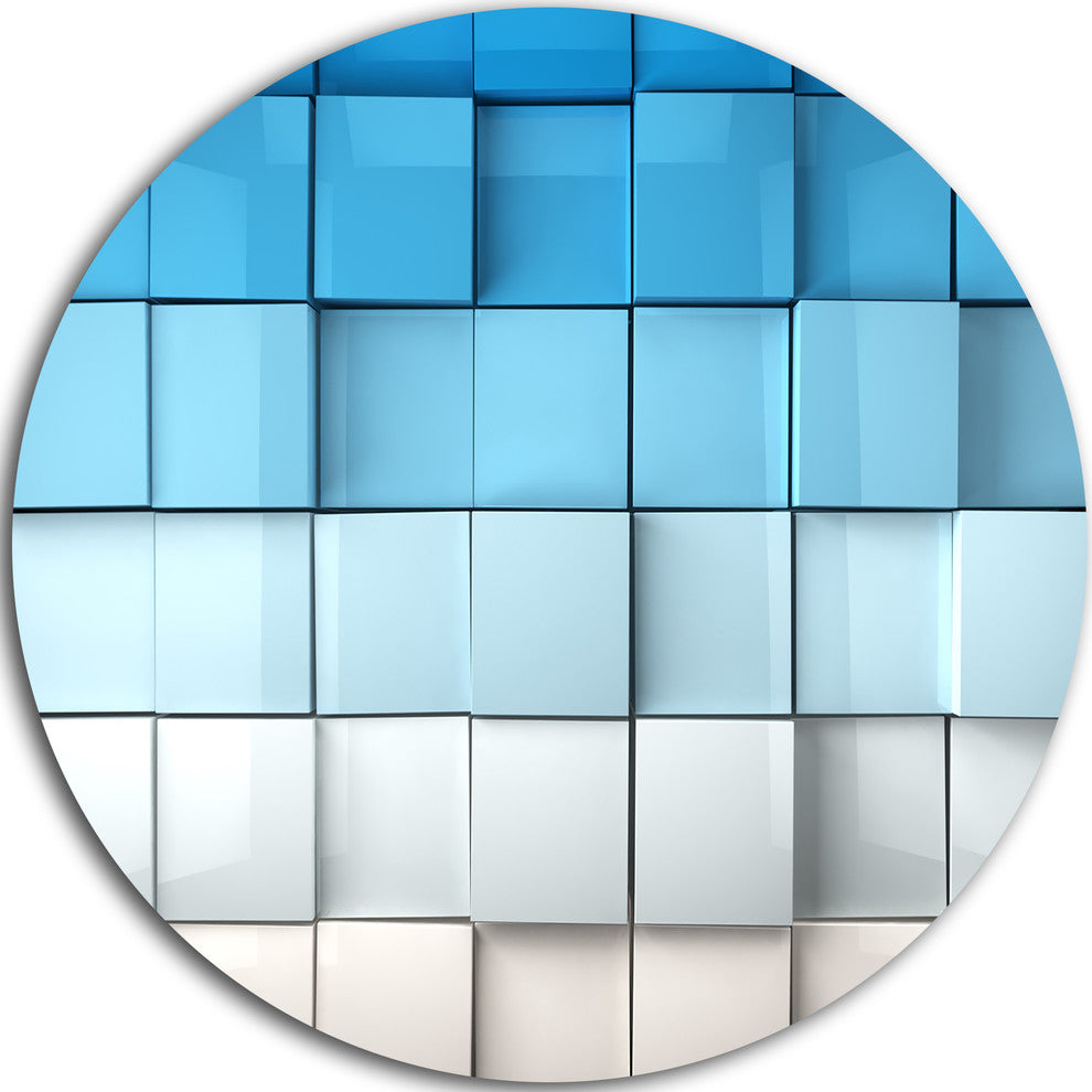 Blue And White Mosaic Cubes, Contemporary Round Wall Art, 11"