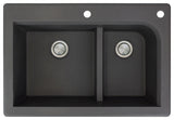 Radius 33" silQ Granite Drop-in Double Bowl Kitchen Sink with 2 Holes in Black