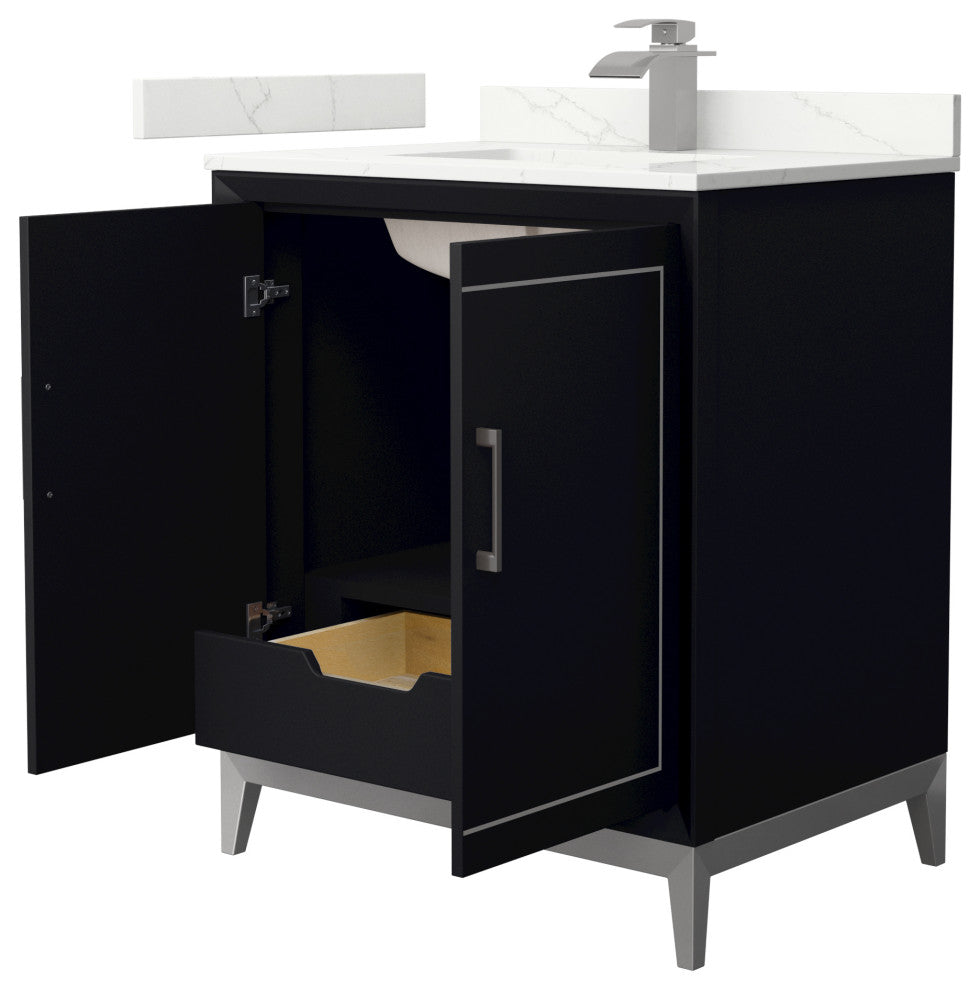 Marlena 30" Black Single Vanity, Quartz Top, 1-Hole, Nickel Trim