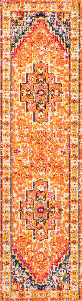 Brooklyn Geometric Medallion Area Rug, Orange/Blue, 2 X 8