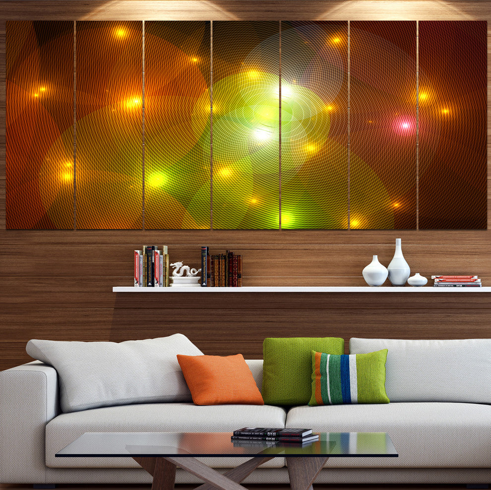 Golden Fractal Lights in Fog, Abstract Wall Art Canvas, 83"x32", 7 Panels