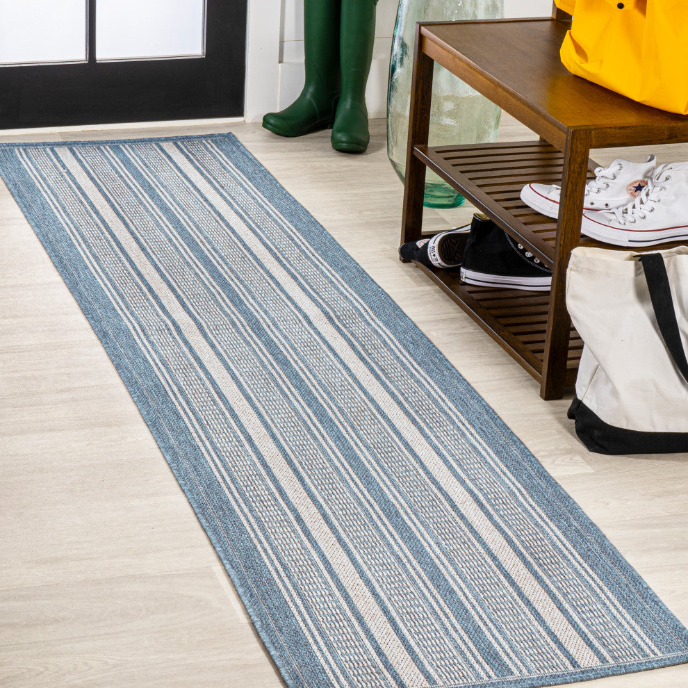 Haynes Modern Double Stripe Indoor/Outdoor Area Rug, Blue/Light Gray, 2x8
