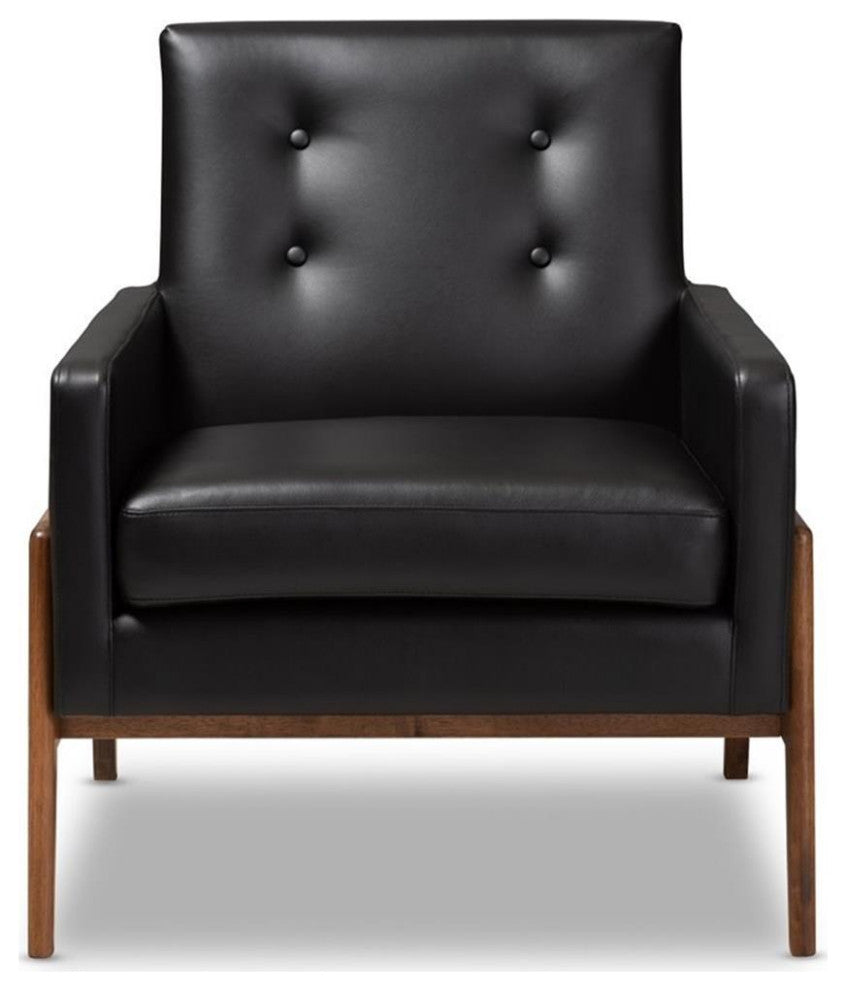 Perris Midcentury Modern Black Faux Leather Upholstered Walnut Wood Lounge Chair