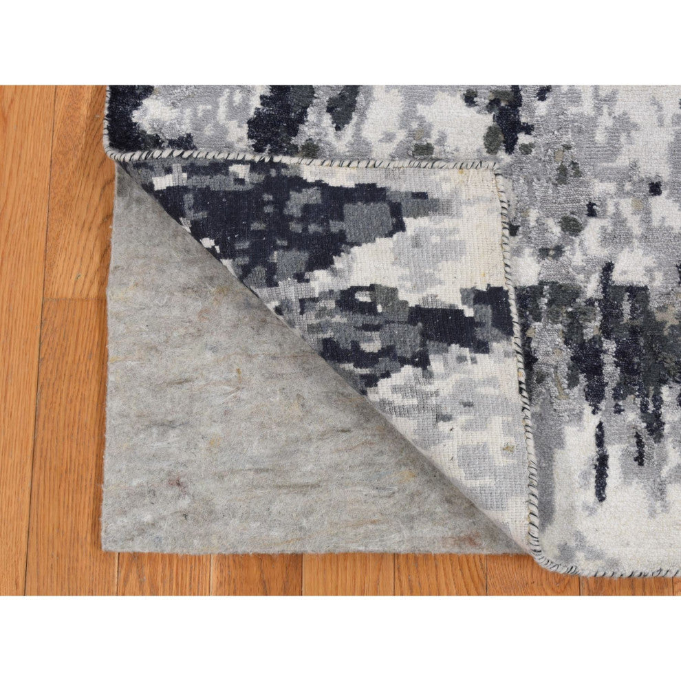 Olive Black Abstract Design Wool and Silk Hand Knotted Runner Rug 2'7" x 6'2"