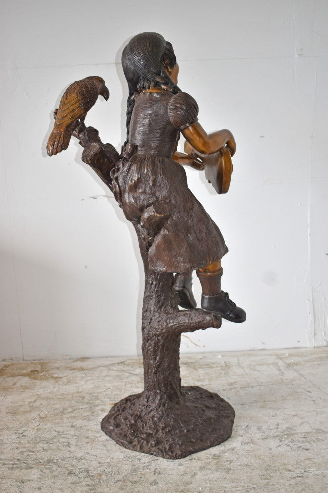 Girl on a Tree Playing the Ukulele With a Parrot Bronze Statue 25" x 23" x 50"