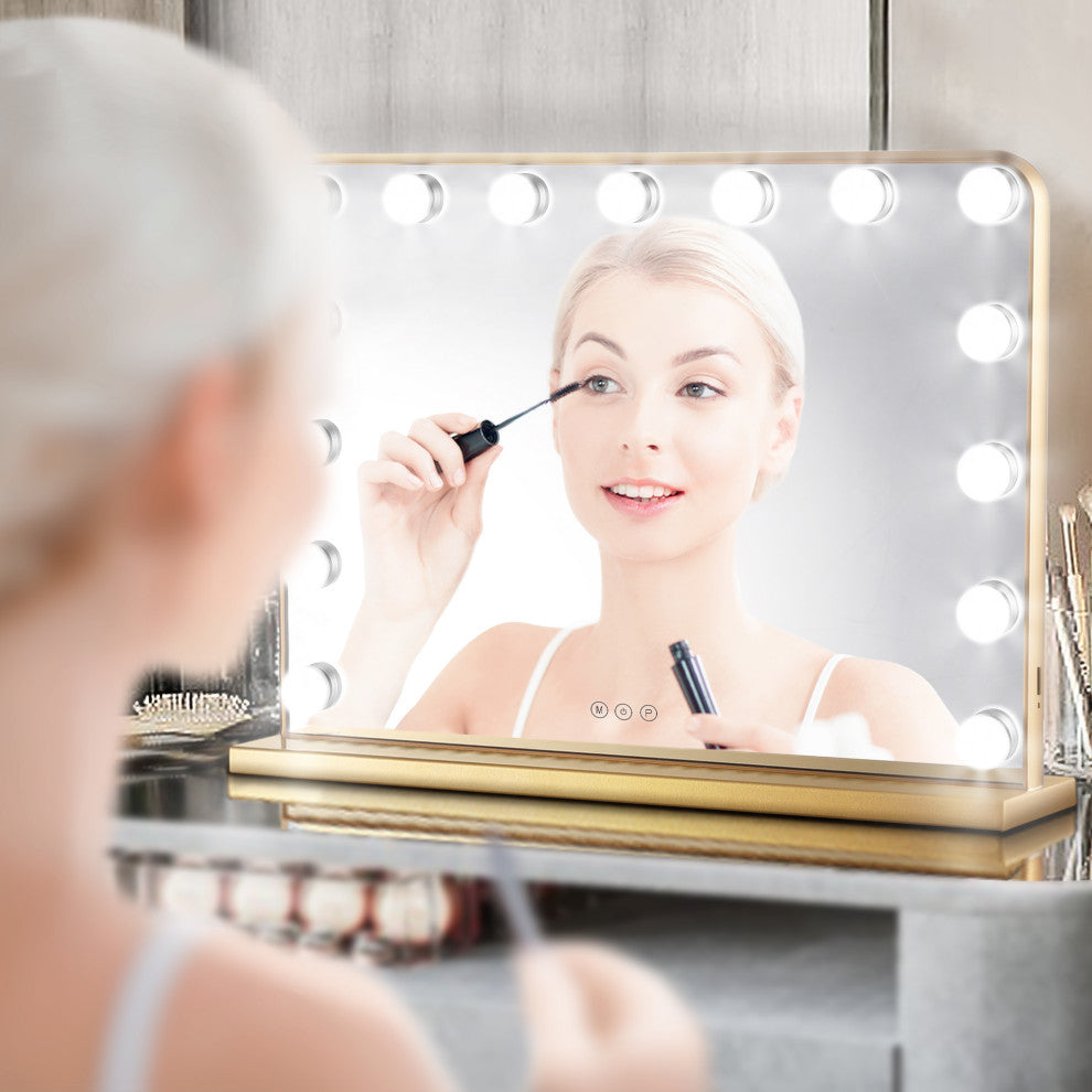 Hollywood Vanity Mirror, Lights,3 Color Lighting Modes, Memory, Gold, 23x18