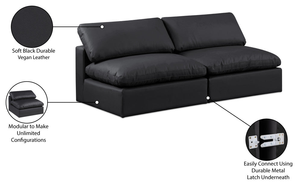 Comfy Upholstered Modular Sofa, Black, 2-Piece: 2 Armless Chair, Vegan Leather
