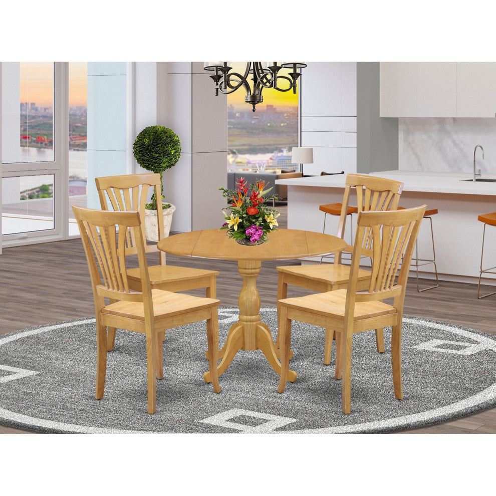 5 Pc Dining Set, Dropleaf Table, 4 Oak Wooden Chairs, Slatted Back, Oak Finish