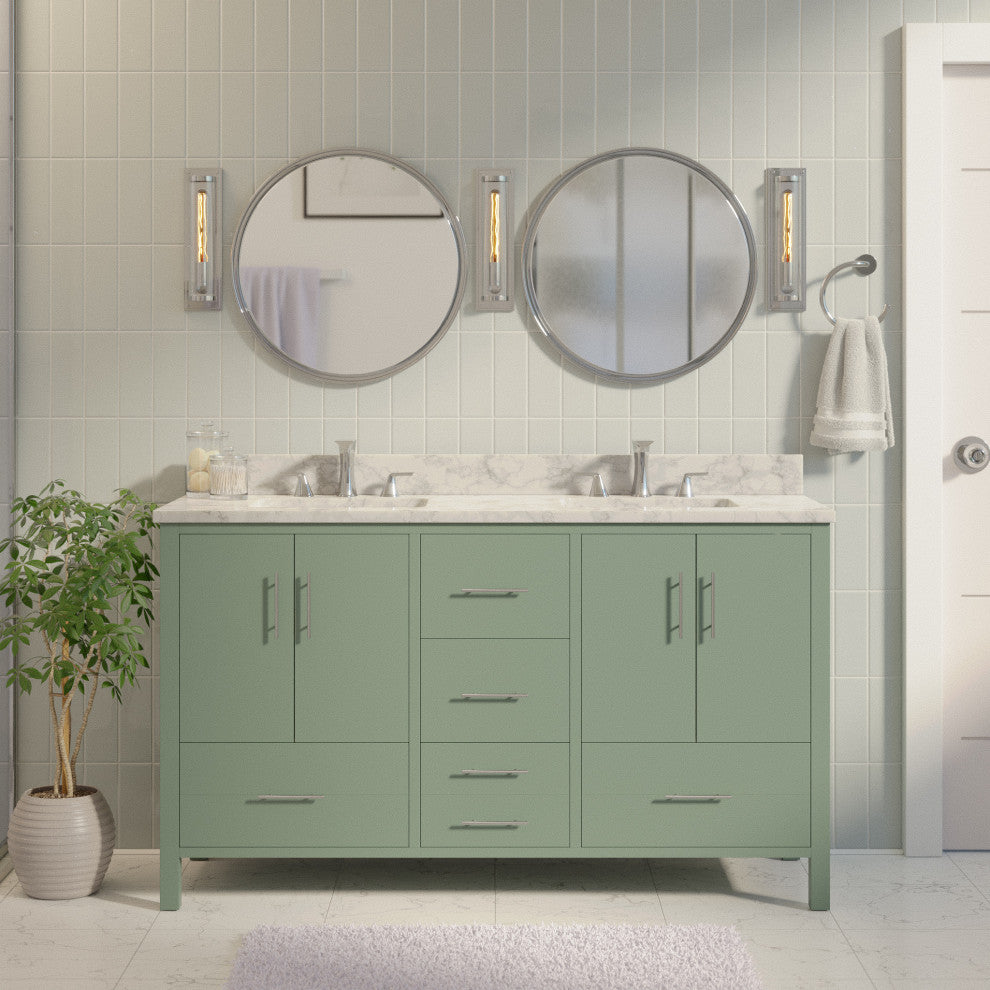 California 60" Bathroom Vanity, Sage Green, Carrara Marble, Double