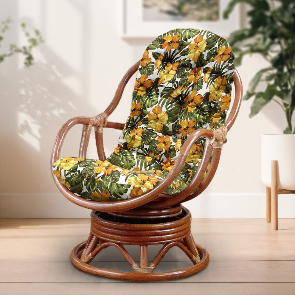 Rattan Wicker Handmade Bali Lounge Swivel Rocking Chair with Cushion, Floral Cushion