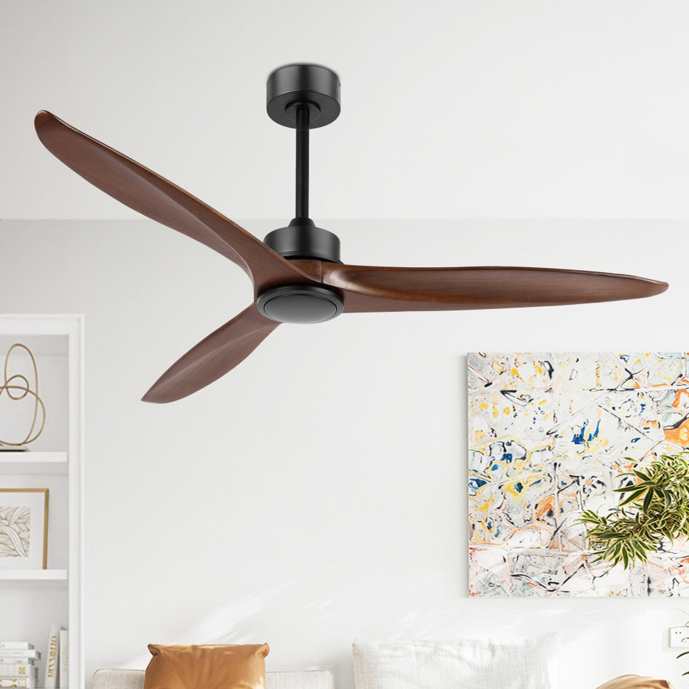 52" Solid Wood 3-Blade Propeller Ceiling Fan With Remote, Black/Walnut