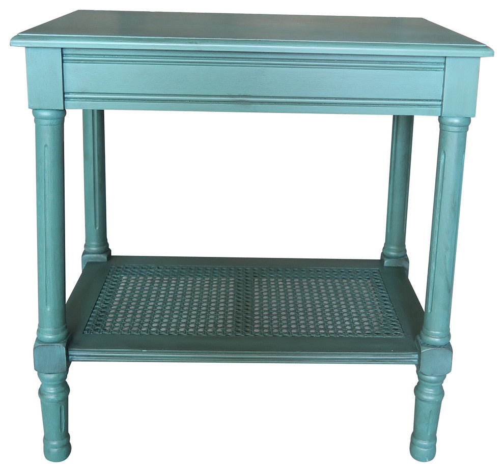 Jamestown Side Table with Rattan Shelf, Teal