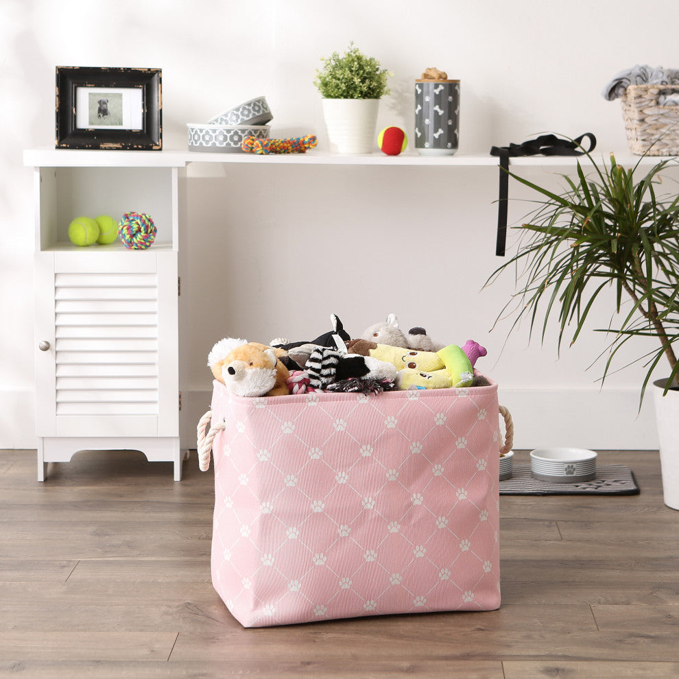 Polyester Pet Bin Trellis Paw Pink Rectangle Large 17.5x12x15