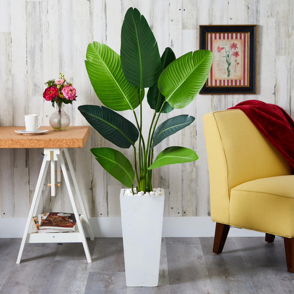 5' Travelers Palm Artificial Tree, Tall White Planter