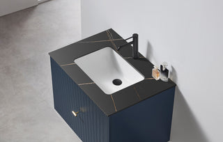 BARCELONA Wall Mount Modern Bathroom Vanity, Dark Blue, 30", Black Countertop