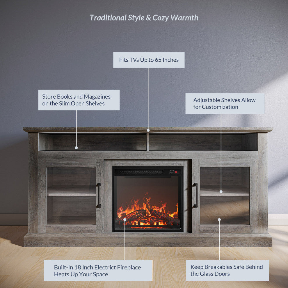 60" TV Stand Console With Shelves and 18" Fireplace, Grey Wash