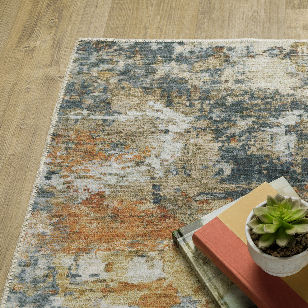 Michaela Machine Washable Abstract Orange/ Blue Area Rug, Orange, 5'x7'