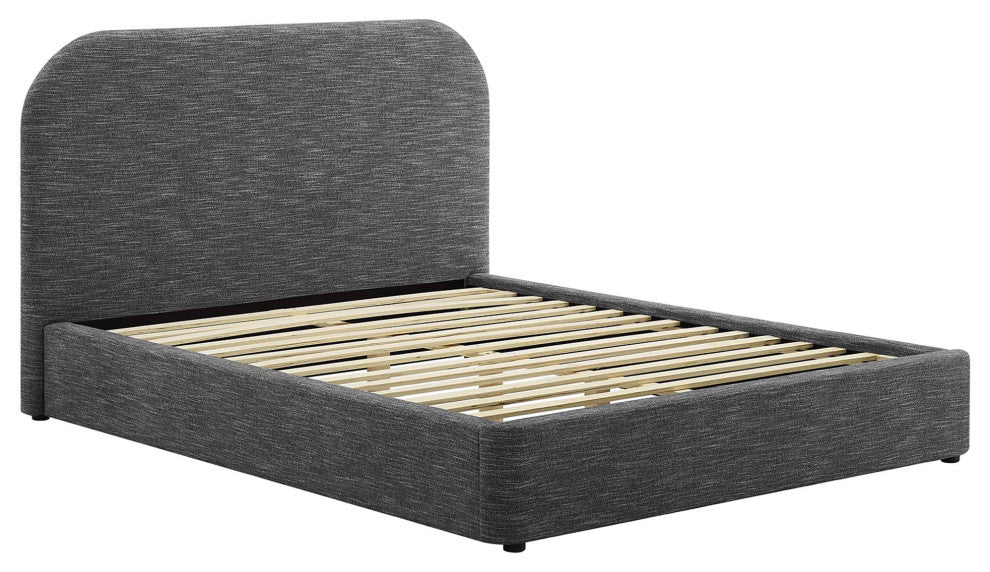 Keynote Upholstered Fabric Curved Queen Platform Bed, Heathered Weave Slate