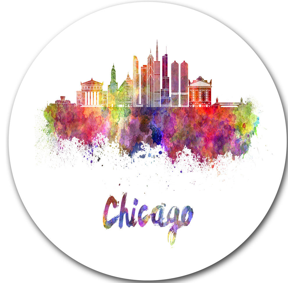 Colorful Chicago Skyline In Watercolor, Disc Metal Wall Art, 23"
