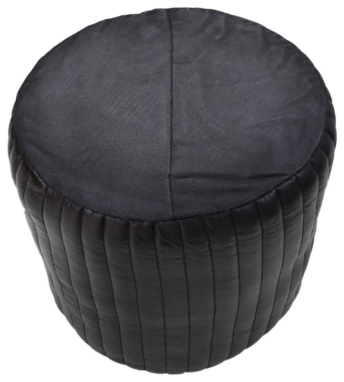Poufs-Solid Handmade Goat Leather Pouf, Recycled Cotton Fill, Black, Round, 16x16x16