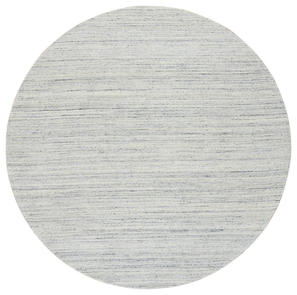 Ivory Pure Wool Hand Loomed Plain Modern Striped Design Round Rug, 7'10"x7'10"