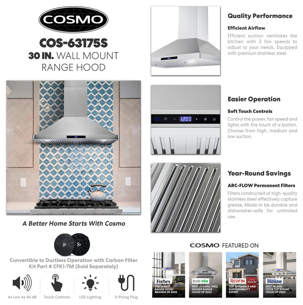 Ductless Wall Mount Range Hood in Stainless Steel with LED Lights