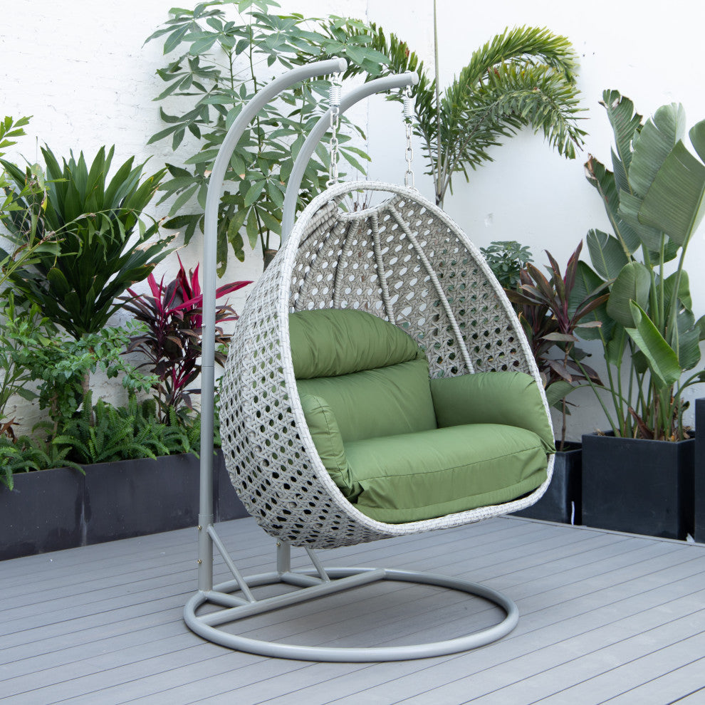 LeisureMod Mendoza Light Gray Wicker Hanging Double Egg Swing Chair, Dark Green