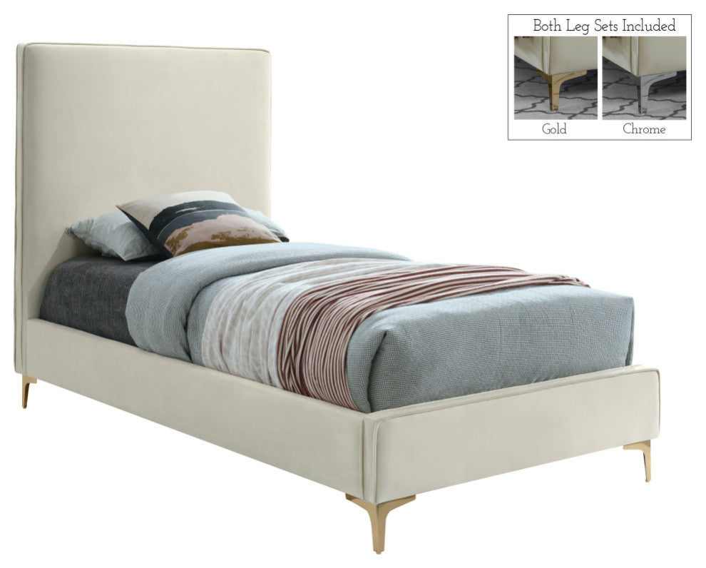 Geri Velvet Upholstered Bed, Cream, Twin