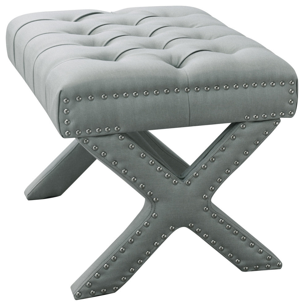 Paola Linen Button Tufted Silver Nailhead Trim X-Leg Ottoman, Light Gray